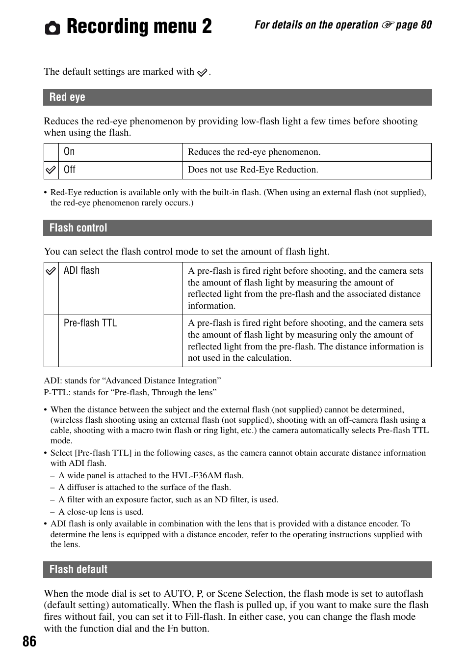 Recording menu 2, Flash default | Sony DSLR-A100 User Manual | Page 86 / 159