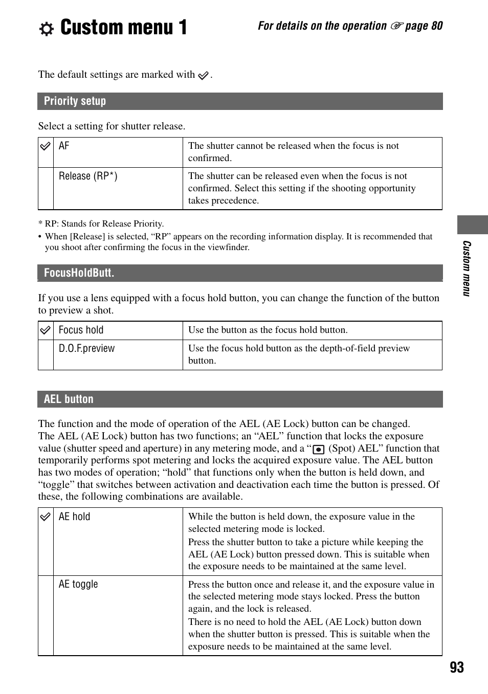 Custom menu 1, Ges 93 to 97) | Sony DSLR-A100 User Manual | Page 93 / 159