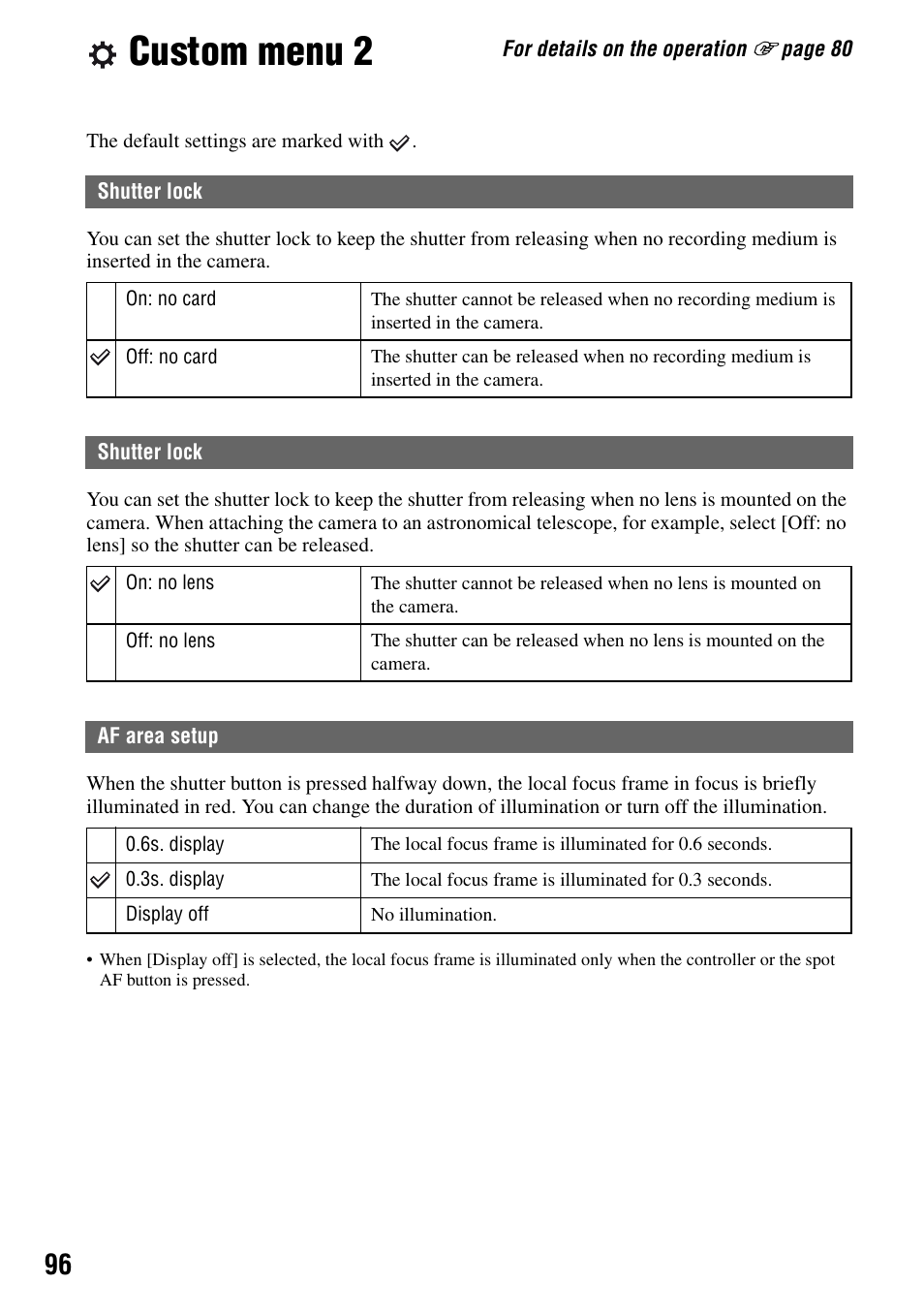 Custom menu 2 | Sony DSLR-A100 User Manual | Page 96 / 159