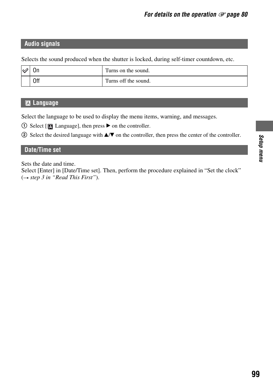 Date/time set | Sony DSLR-A100 User Manual | Page 99 / 159