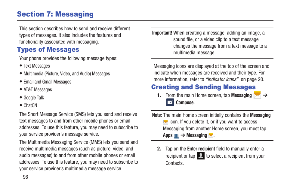 Section 7: messaging, Types of messages, Creating and sending messages | Types of messages creating and sending messages, S. for more | Samsung Galaxy S III User Manual | Page 102 / 232