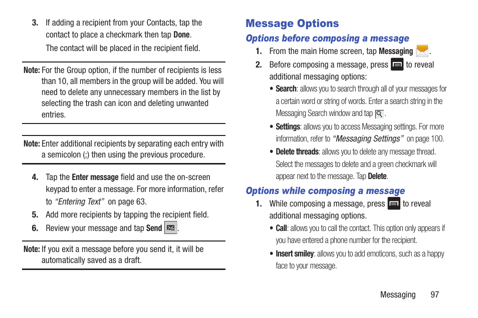 Message options | Samsung Galaxy S III User Manual | Page 103 / 232