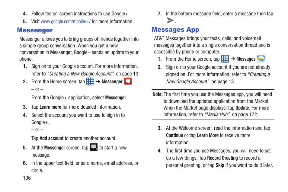 Messenger, Messages app, Messenger messages app | Samsung Galaxy S III User Manual | Page 112 / 232