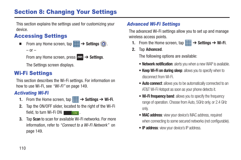 Section 8: changing your settings, Accessing settings, Wi-fi settings | Accessing settings wi-fi settings | Samsung Galaxy S III User Manual | Page 116 / 232