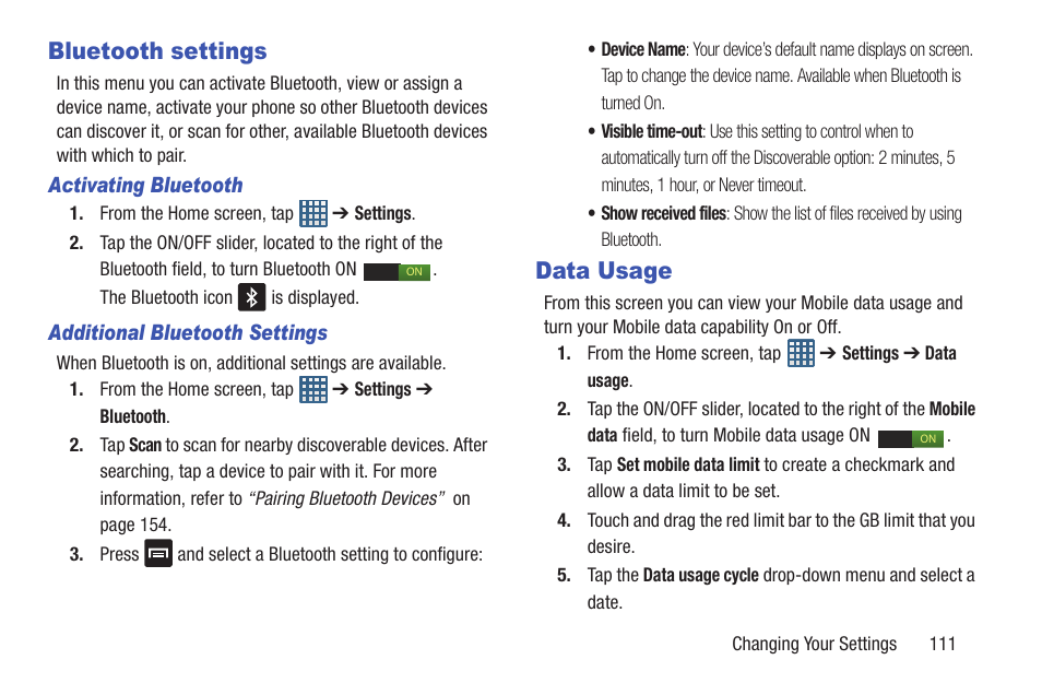 Bluetooth settings, Data usage, Bluetooth settings data usage | Samsung Galaxy S III User Manual | Page 117 / 232