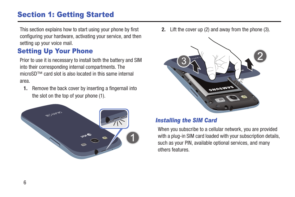 Section 1: getting started, Setting up your phone | Samsung Galaxy S III User Manual | Page 12 / 232