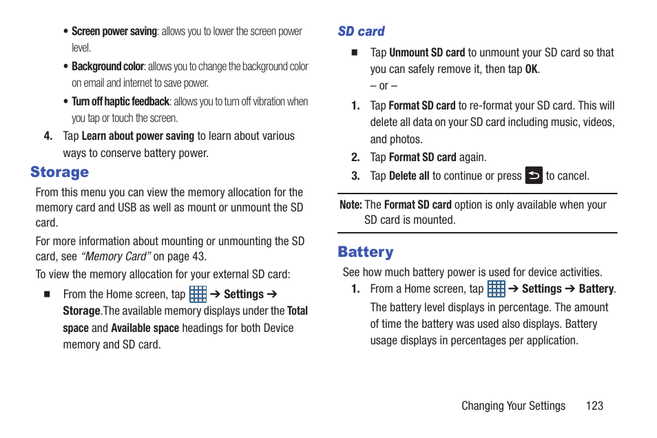 Storage, Battery, Storage battery | Samsung Galaxy S III User Manual | Page 129 / 232