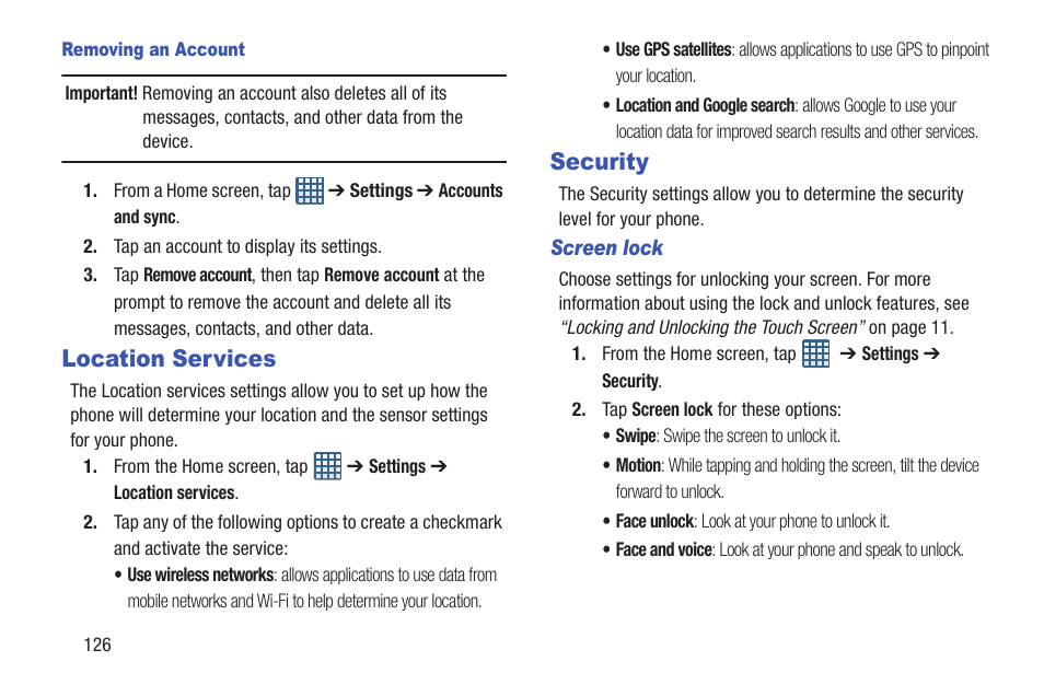 Location services, Security, Location services security | Samsung Galaxy S III User Manual | Page 132 / 232