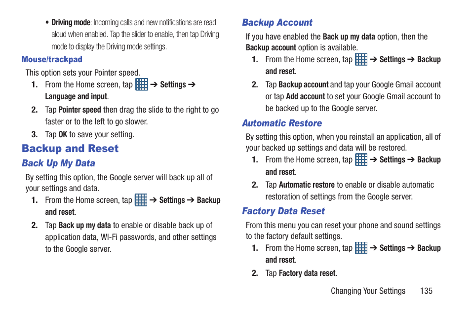 Backup and reset | Samsung Galaxy S III User Manual | Page 141 / 232