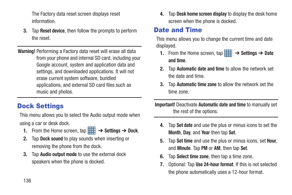 Dock settings, Date and time, Dock settings date and time | Samsung Galaxy S III User Manual | Page 142 / 232