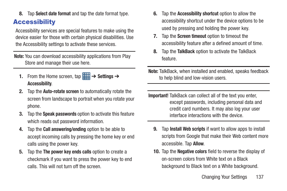 Accessibility | Samsung Galaxy S III User Manual | Page 143 / 232