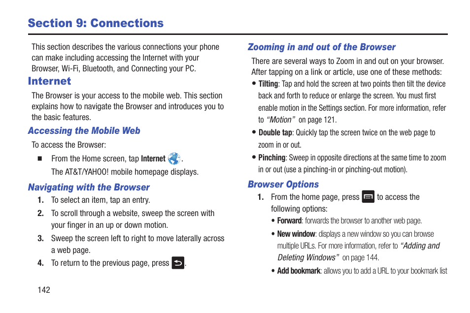 Section 9: connections, Internet | Samsung Galaxy S III User Manual | Page 148 / 232