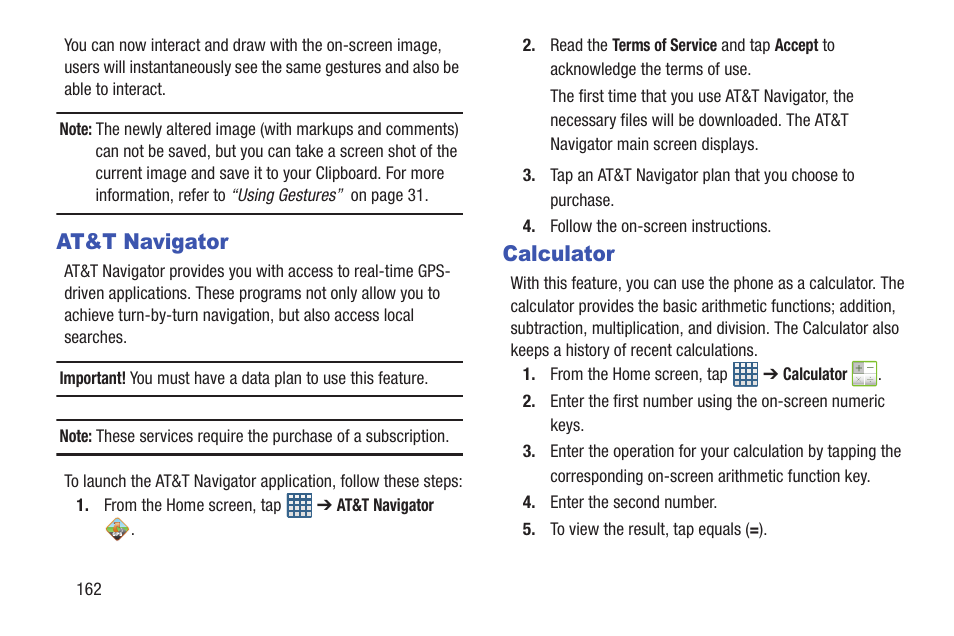 At&t navigator, Calculator, At&t navigator calculator | Samsung Galaxy S III User Manual | Page 168 / 232