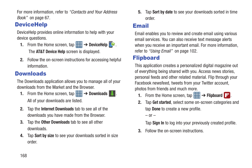 Devicehelp, Downloads, Email | Flipboard, Devicehelp downloads email | Samsung Galaxy S III User Manual | Page 174 / 232