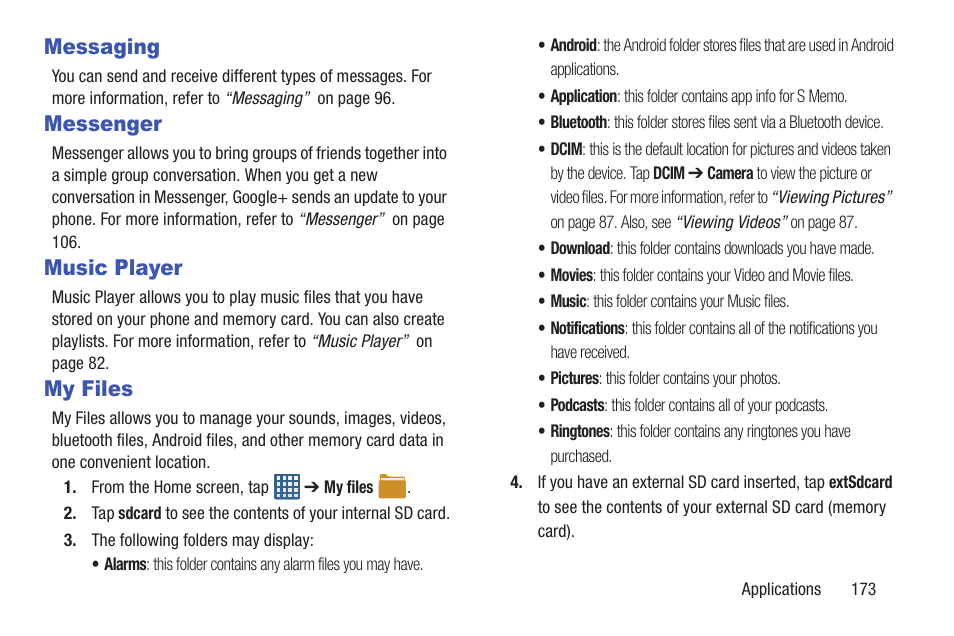 Messaging, Messenger, Music player | My files, Messaging messenger music player my files | Samsung Galaxy S III User Manual | Page 179 / 232