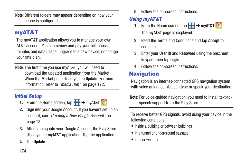Myat&t, Navigation, Myat&t navigation | Samsung Galaxy S III User Manual | Page 180 / 232