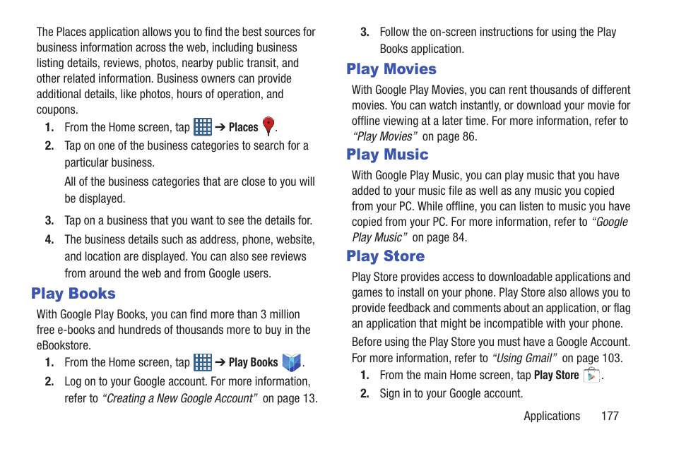 Play books, Play movies, Play music | Play store, Play books play movies play music play store | Samsung Galaxy S III User Manual | Page 183 / 232