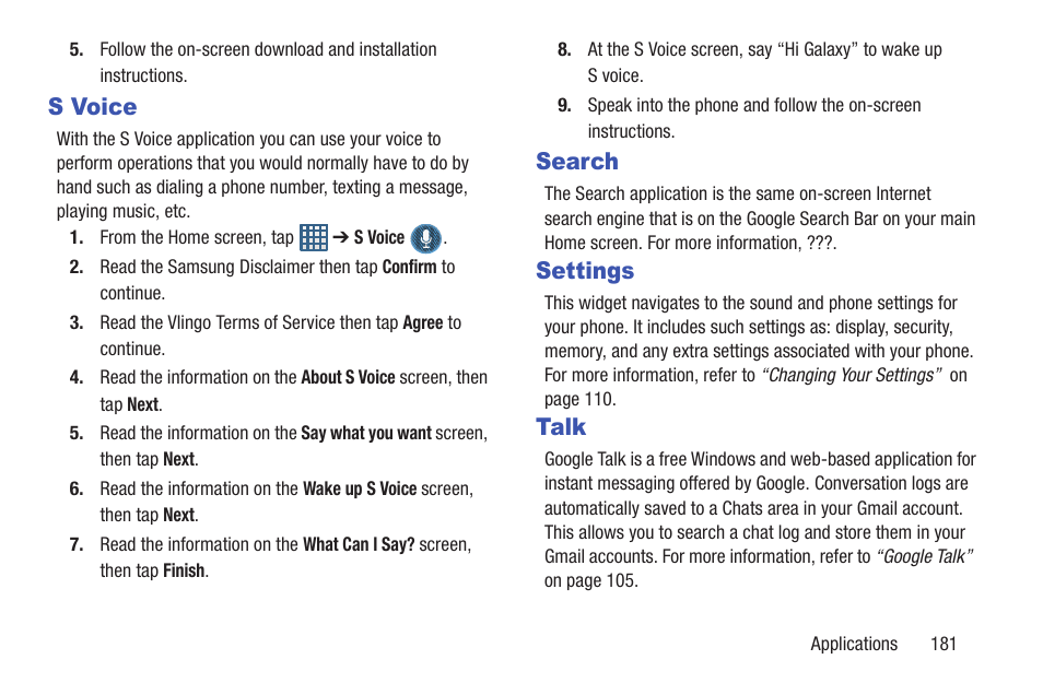 S voice, Search, Settings | Talk, S voice search settings talk, Ch. for more | Samsung Galaxy S III User Manual | Page 187 / 232