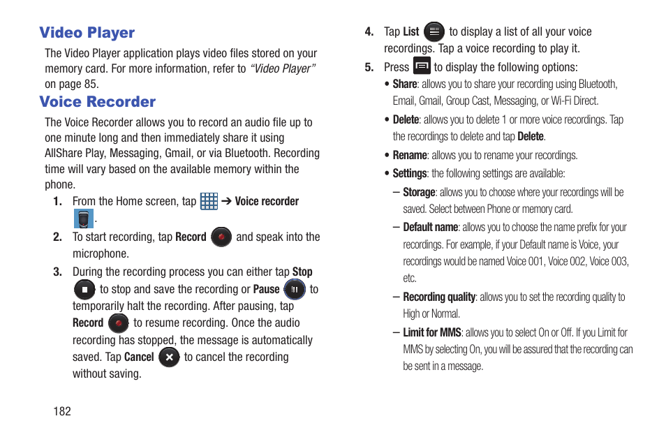 Video player, Voice recorder, Video player voice recorder | Samsung Galaxy S III User Manual | Page 188 / 232