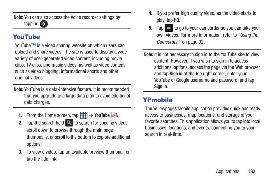 Youtube, Ypmobile, Youtube ypmobile | Samsung Galaxy S III User Manual | Page 189 / 232