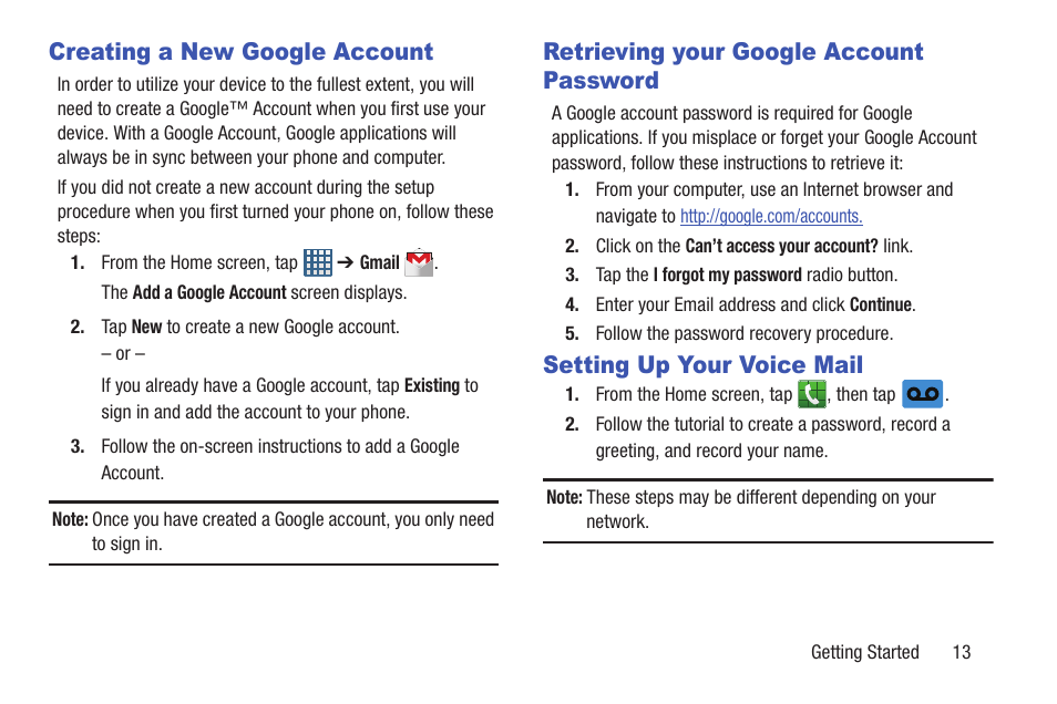 Creating a new google account, Retrieving your google account password, Setting up your voice mail | Samsung Galaxy S III User Manual | Page 19 / 232