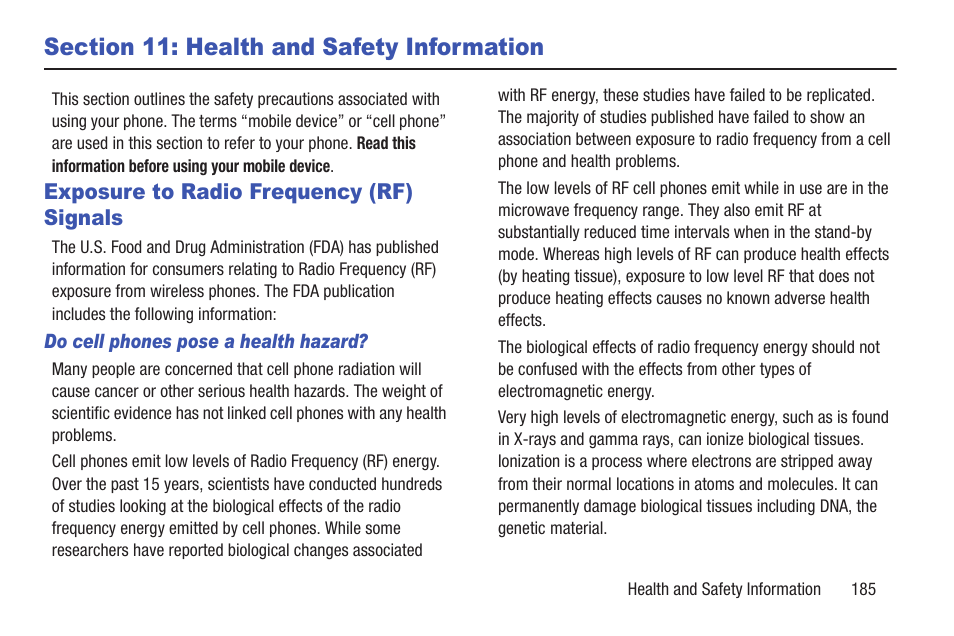 Section 11: health and safety information, Exposure to radio frequency (rf) signals | Samsung Galaxy S III User Manual | Page 191 / 232