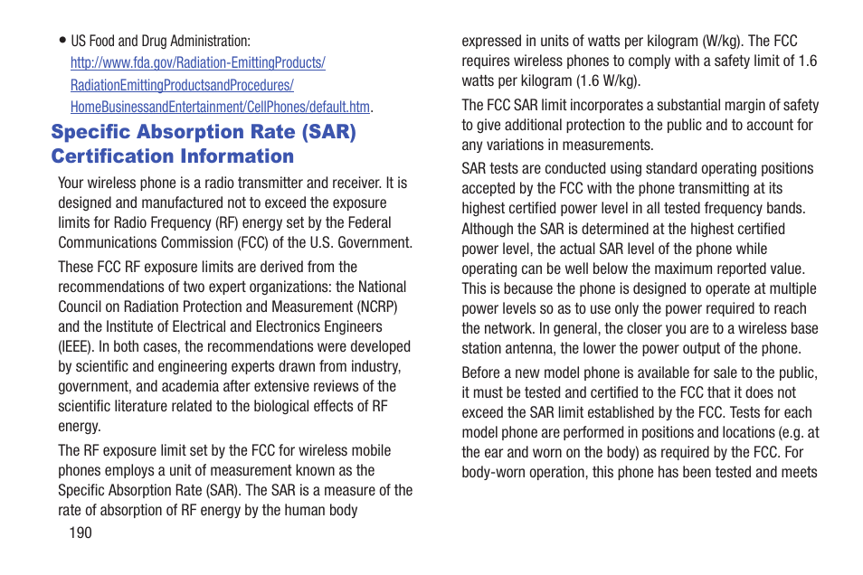 Specific absorption rate (sar) certification, Information | Samsung Galaxy S III User Manual | Page 196 / 232