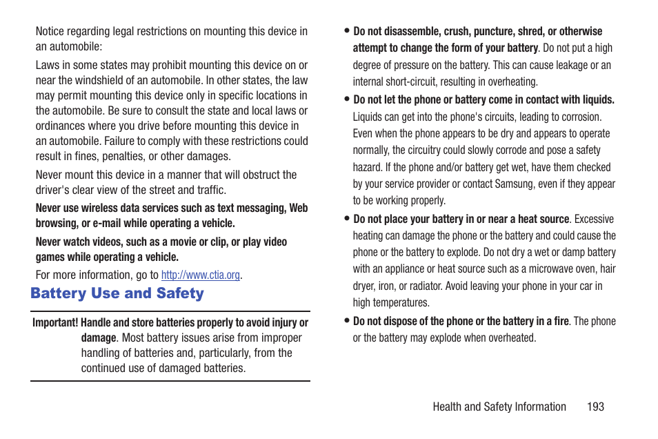 Battery use and safety | Samsung Galaxy S III User Manual | Page 199 / 232