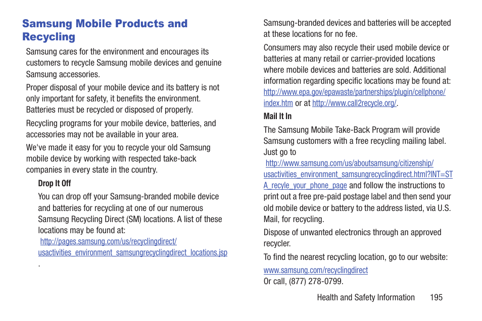 Samsung mobile products and recycling | Samsung Galaxy S III User Manual | Page 201 / 232