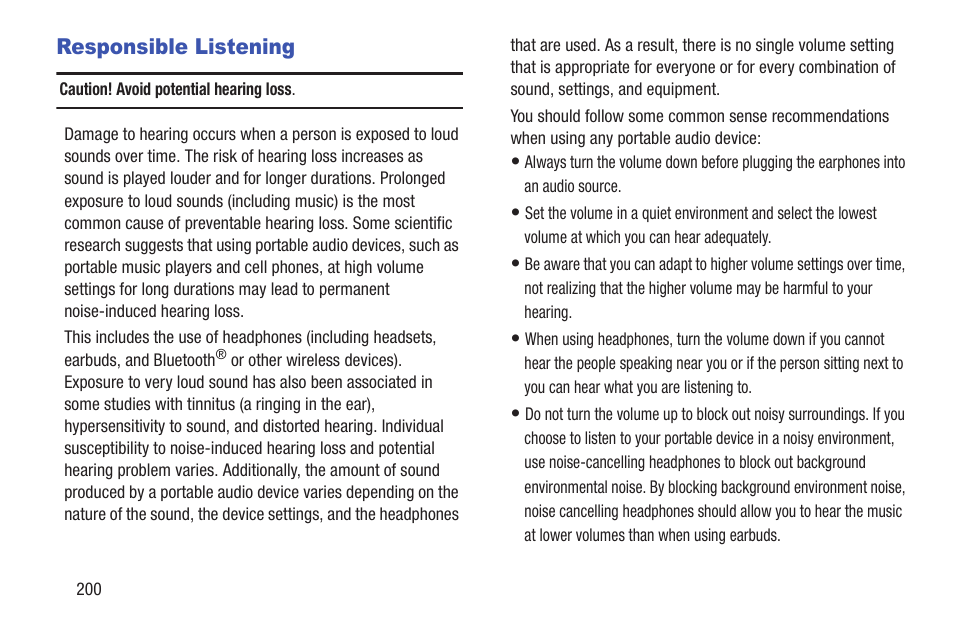Responsible listening | Samsung Galaxy S III User Manual | Page 206 / 232