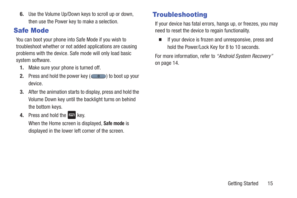Safe mode, Troubleshooting, Safe mode troubleshooting | Samsung Galaxy S III User Manual | Page 21 / 232