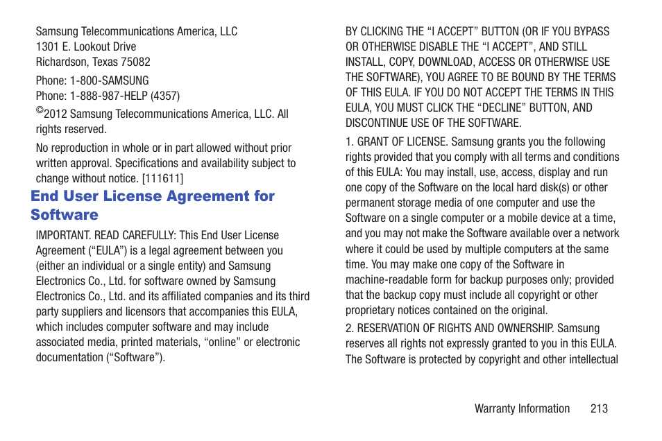End user license agreement for software | Samsung Galaxy S III User Manual | Page 219 / 232