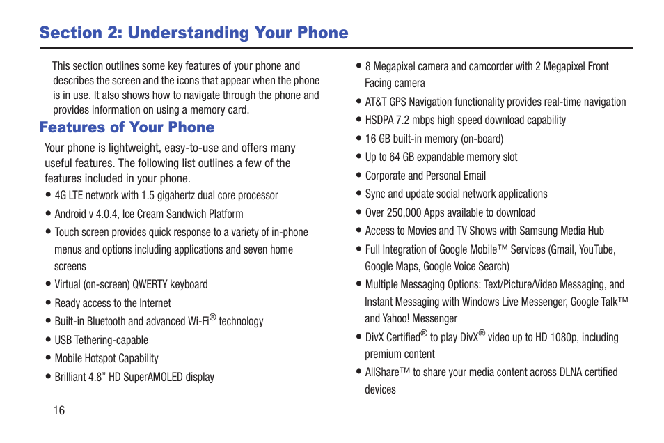 Section 2: understanding your phone, Features of your phone | Samsung Galaxy S III User Manual | Page 22 / 232