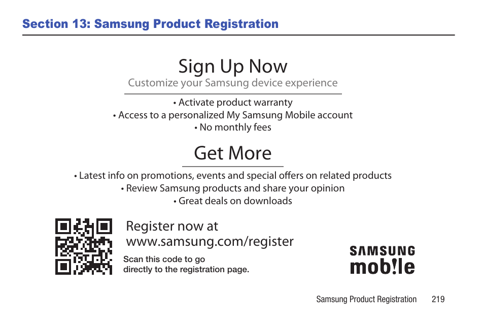 Section 13: samsung product registration, Get more, Sign up now | Samsung Galaxy S III User Manual | Page 225 / 232