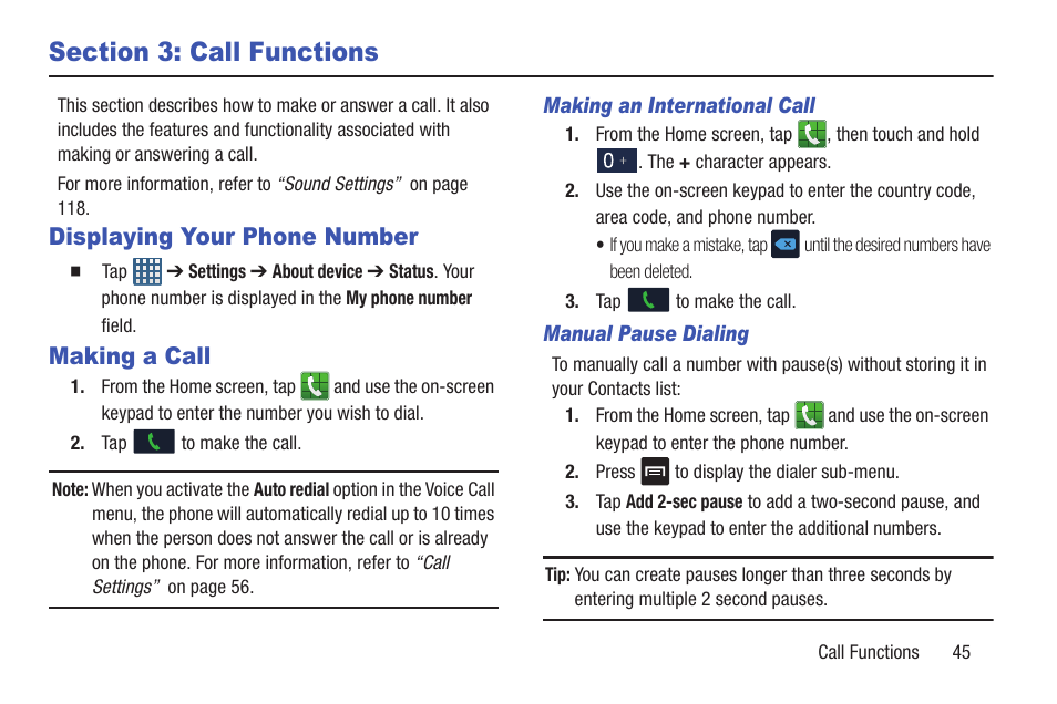 Section 3: call functions, Displaying your phone number, Making a call | Displaying your phone number making a call | Samsung Galaxy S III User Manual | Page 51 / 232