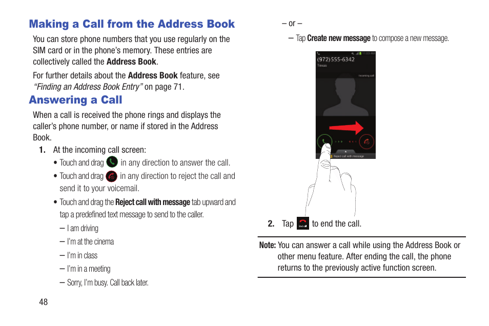 Making a call from the address book, Answering a call | Samsung Galaxy S III User Manual | Page 54 / 232