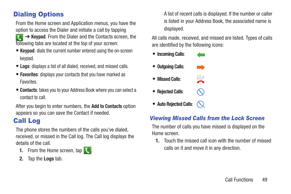 Dialing options, Call log, Dialing options call log | Samsung Galaxy S III User Manual | Page 55 / 232