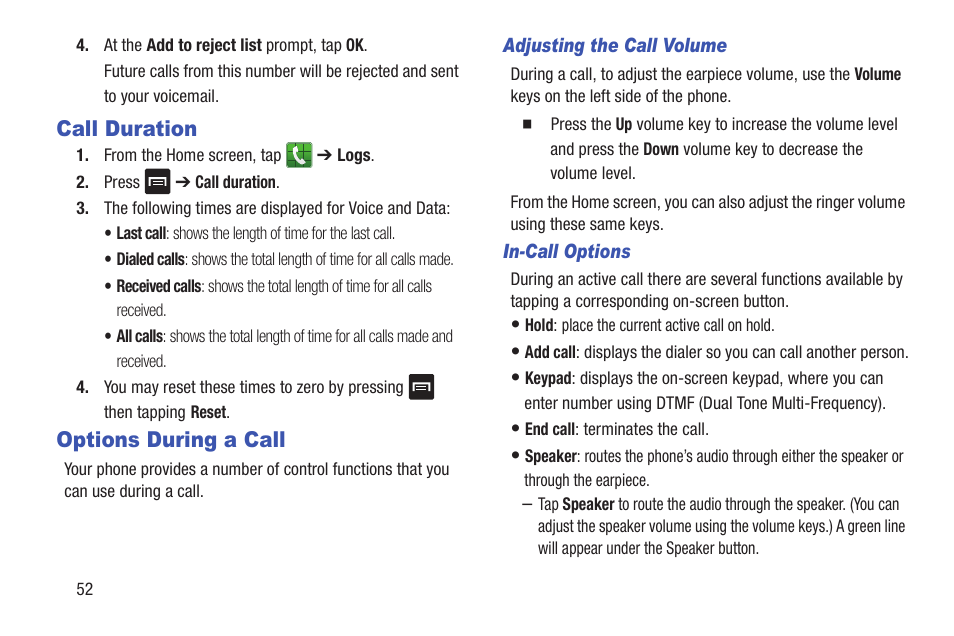 Call duration, Options during a call, Call duration options during a call | Samsung Galaxy S III User Manual | Page 58 / 232