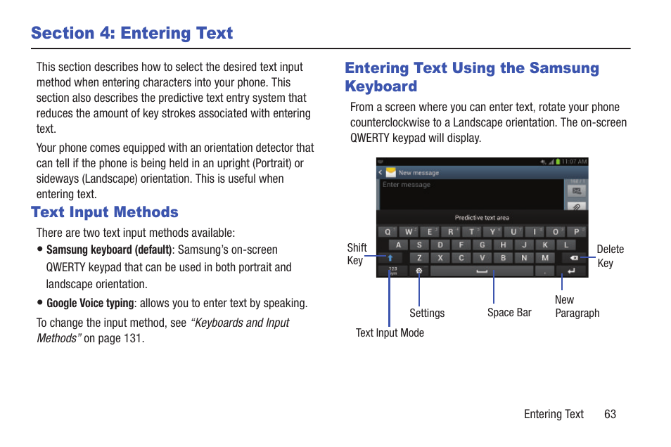 Section 4: entering text, Text input methods, Entering text using the samsung keyboard | Samsung Galaxy S III User Manual | Page 69 / 232