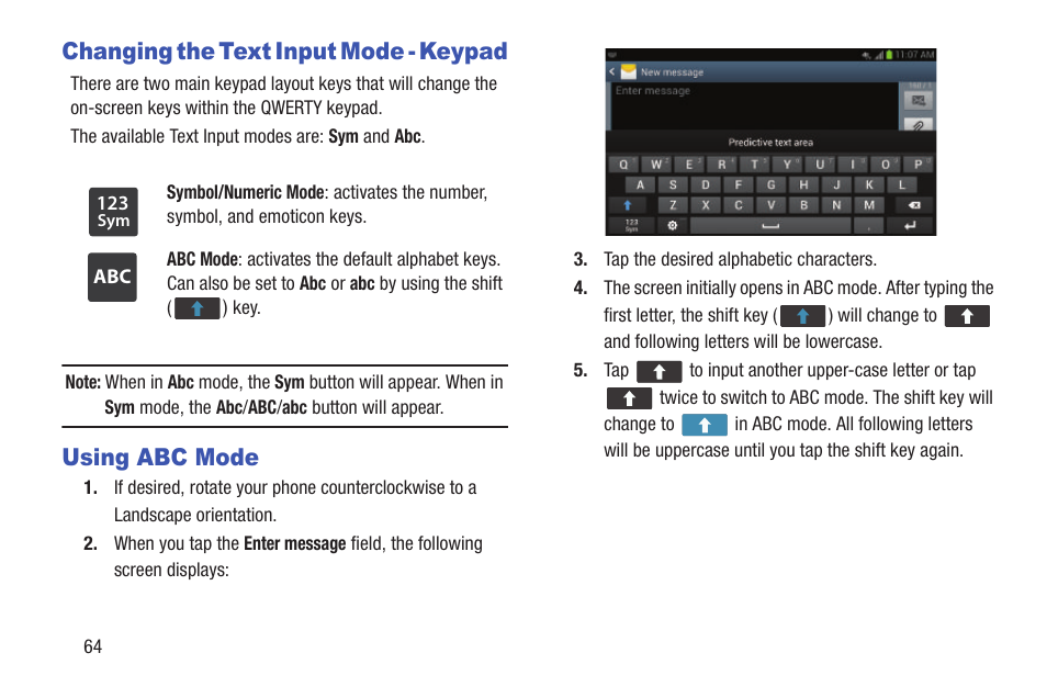 Changing the text input mode - keypad, Using abc mode | Samsung Galaxy S III User Manual | Page 70 / 232