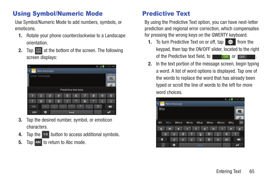 Using symbol/numeric mode, Predictive text, Using symbol/numeric mode predictive text | Samsung Galaxy S III User Manual | Page 71 / 232