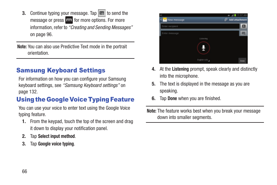 Samsung keyboard settings, Using the google voice typing feature | Samsung Galaxy S III User Manual | Page 72 / 232