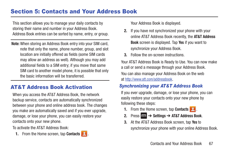 Section 5: contacts and your address book, At&t address book activation | Samsung Galaxy S III User Manual | Page 73 / 232