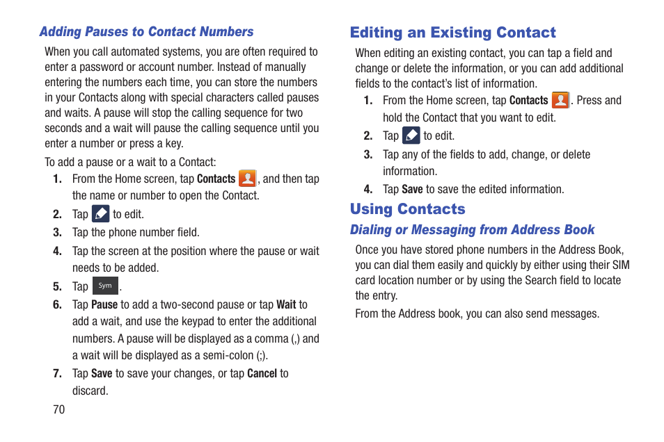 Editing an existing contact, Using contacts, Editing an existing contact using contacts | Samsung Galaxy S III User Manual | Page 76 / 232