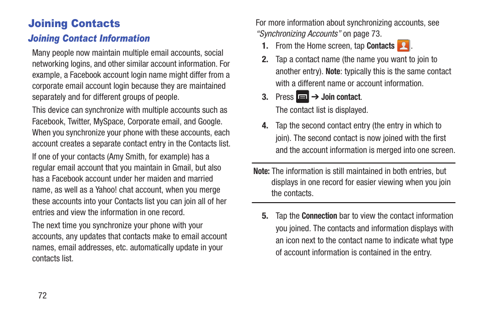 Joining contacts | Samsung Galaxy S III User Manual | Page 78 / 232