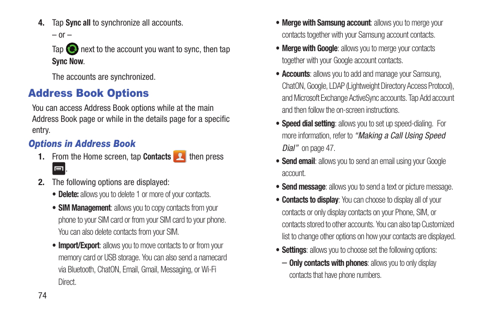 Address book options | Samsung Galaxy S III User Manual | Page 80 / 232