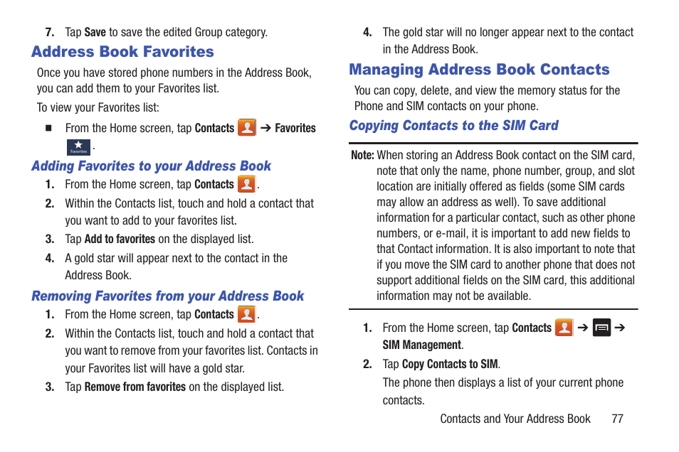 Address book favorites, Managing address book contacts | Samsung Galaxy S III User Manual | Page 83 / 232
