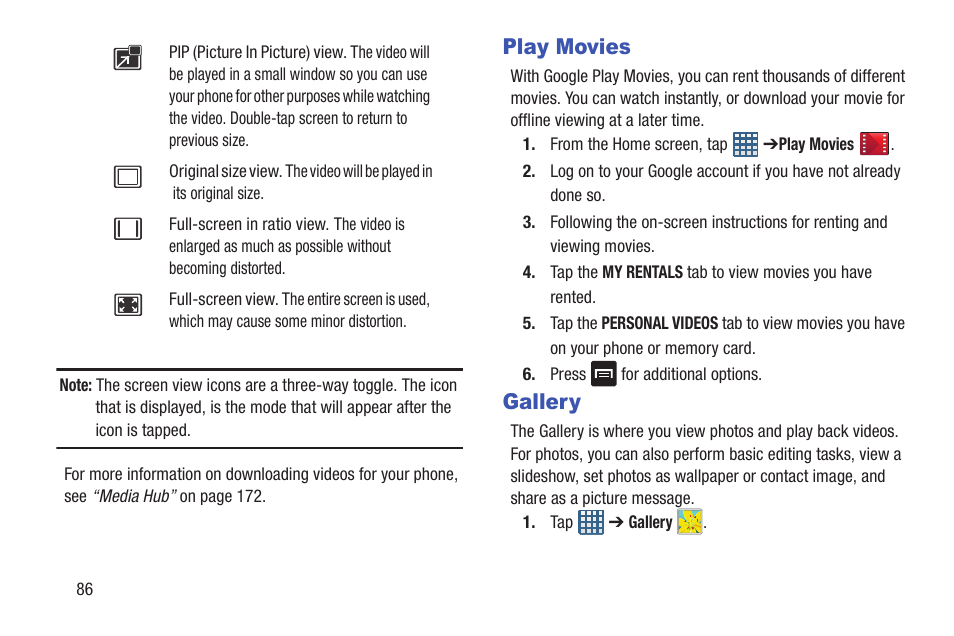 Play movies, Gallery, Play movies gallery | Samsung Galaxy S III User Manual | Page 92 / 232