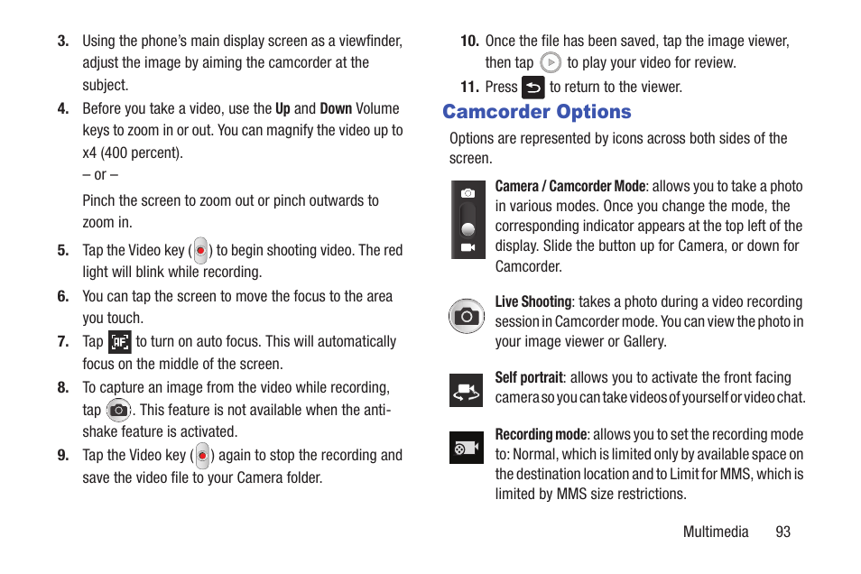 Camcorder options | Samsung Galaxy S III User Manual | Page 99 / 232