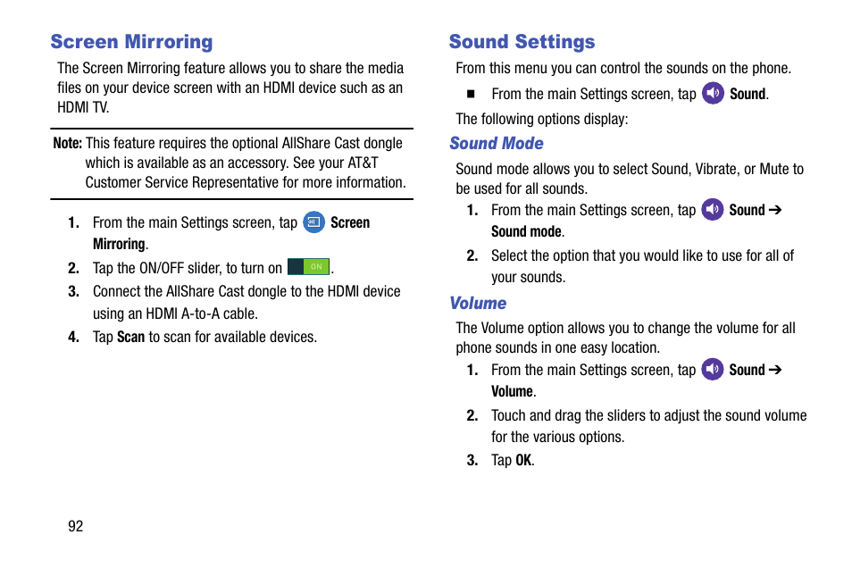 Screen mirroring, Sound settings, Screen mirroring sound settings | Samsung galaxy S5 User Manual | Page 100 / 214